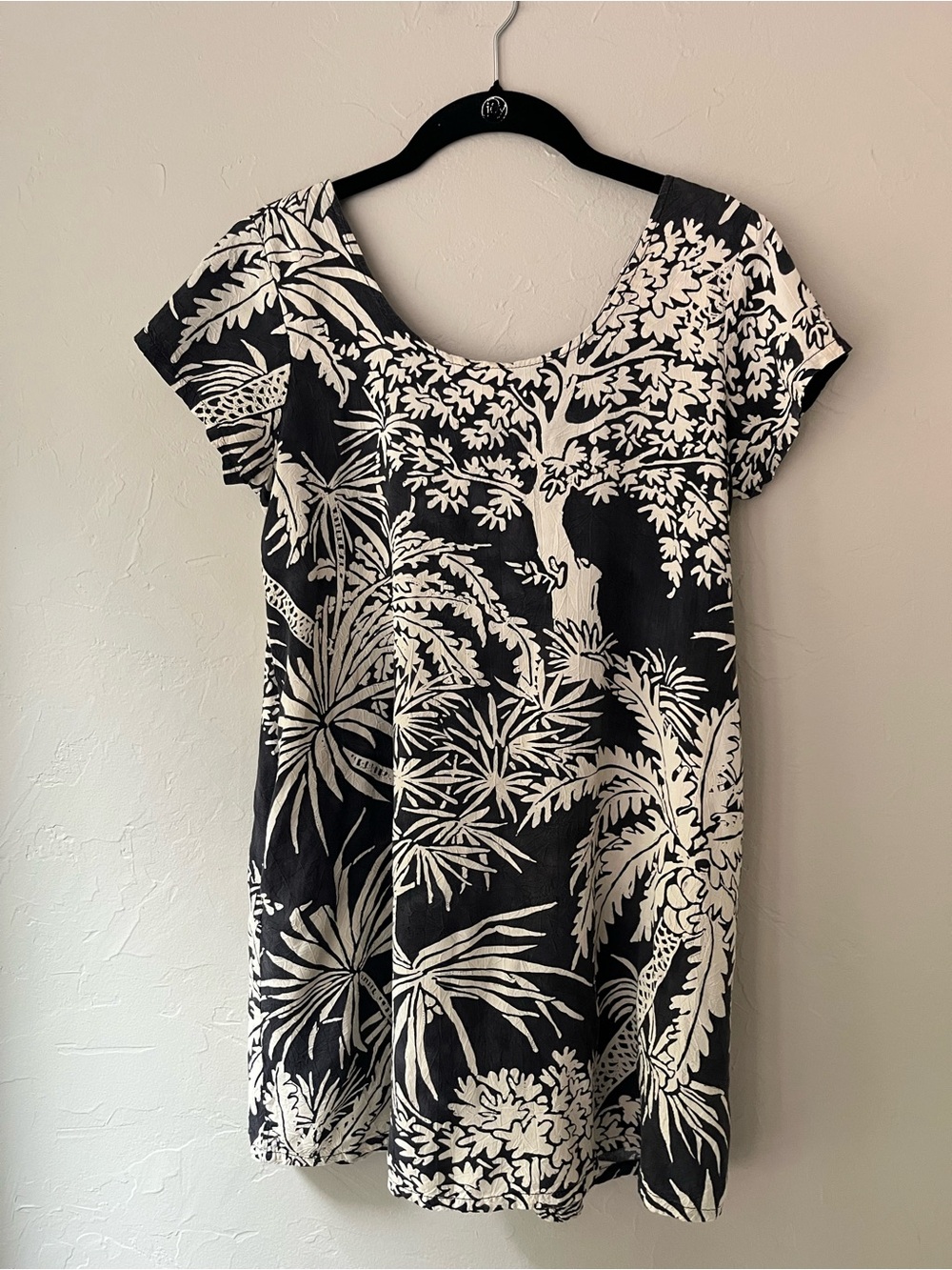VINTAGE JAMS WORLD SHIFT DRESS IN TROPICAL PRINT BLACK IVORY S
